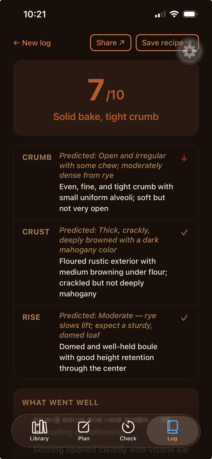 Log mode interface showing a post-bake diagnosis with predicted vs actual comparison