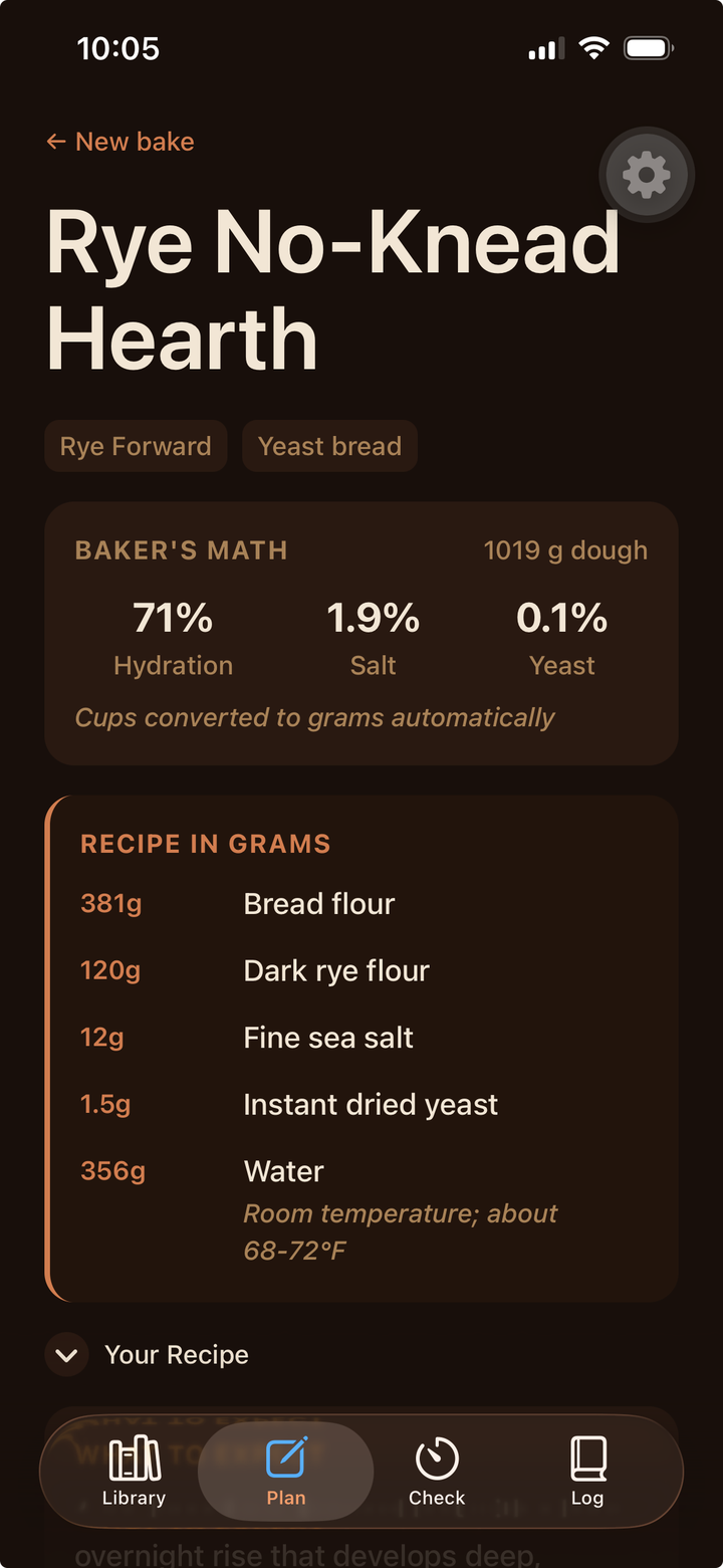 Plan mode interface showing a bread recipe with baker's math and suggested tweaks